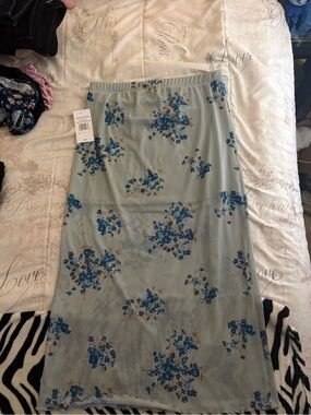 Light Blue Floral Midi Skirt with Blue Bouquet Print